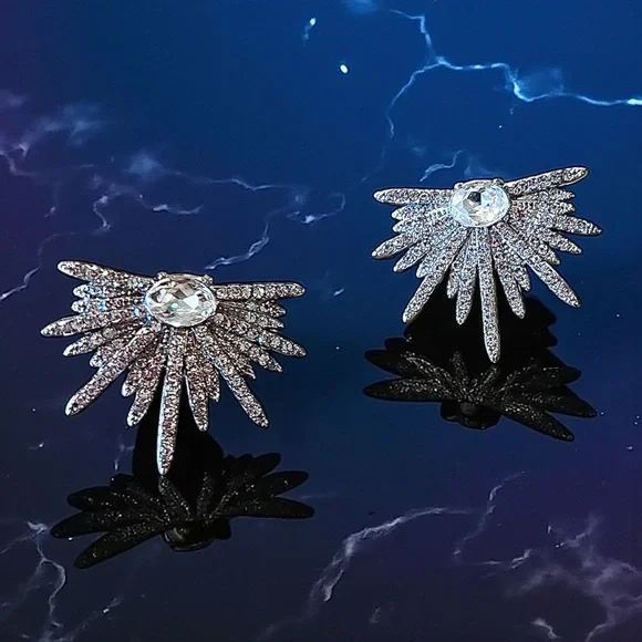 Art Deco Silver Toned Rhinestone Starburst Earrings - Picture 11 of 17